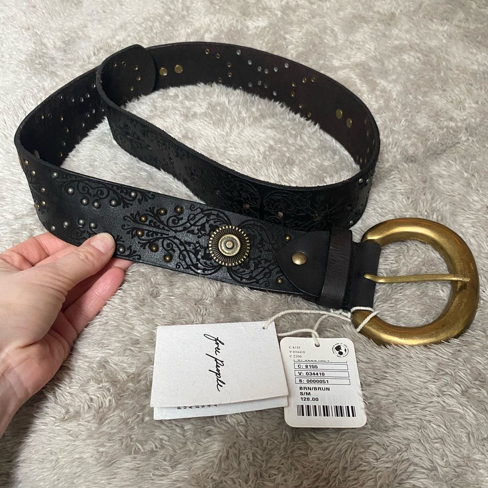 Free People Black and Gold Embossed Boho Belt